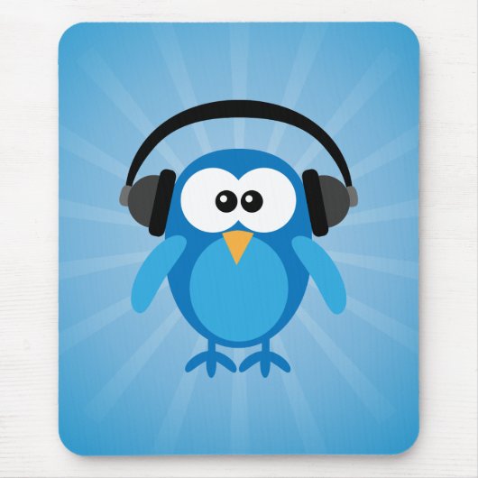 Funky Blue Retro Owl met hoofdtelefoon Muismat (Voorkant)