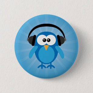 Funky Blue Retro Owl met hoofdtelefoon Ronde Button 5,7 Cm