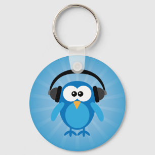 Funky Blue Retro Owl met hoofdtelefoon Sleutelhanger