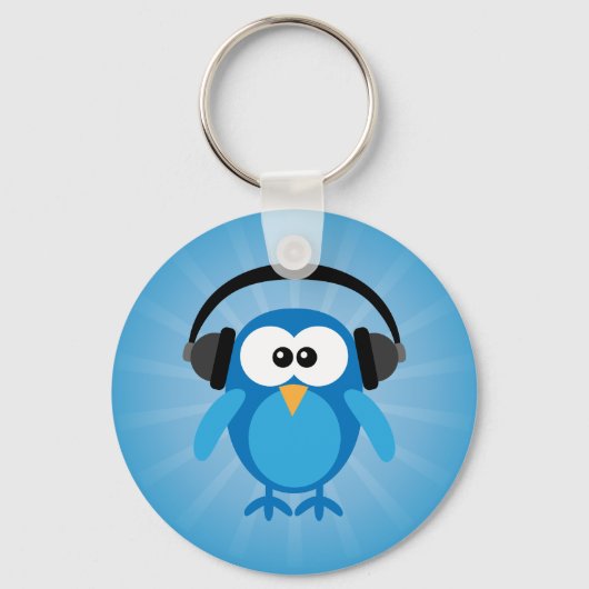 Funky Blue Retro Owl met hoofdtelefoon Sleutelhanger (Voorkant)