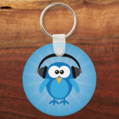 Funky Blue Retro Owl met hoofdtelefoon Sleutelhanger (Voorkant)
