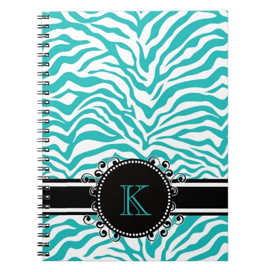 Funky Blue Zebra Print met lintmonogram Notitieboek (Voorkant)