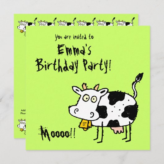 Funky Boerderij Cow (Birthday) Party Invitation Mo Kaart (Voorkant / Achterkant)