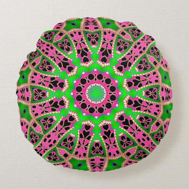 Funky Boheemse Groene Roze Mandala Ronde Kussen (Voorkant)