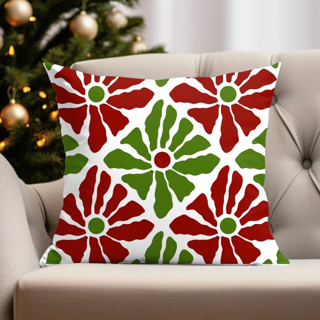 Funky Boho Christmas Poinsettia bloemen rood groen Kussen (bold boho christmas floral pillow)