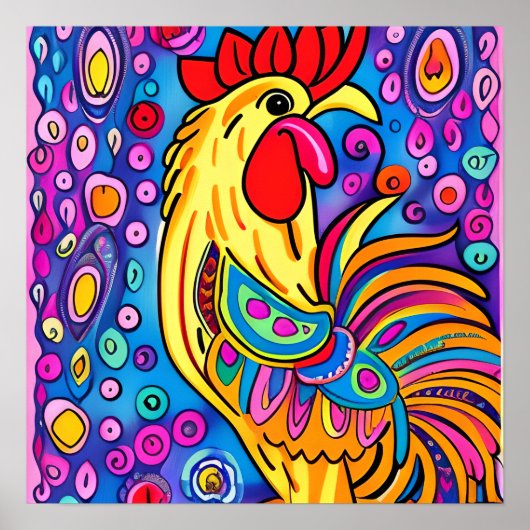 Funky Boho Rooster Boerderij Dierenportretkunst Poster (Voorkant)