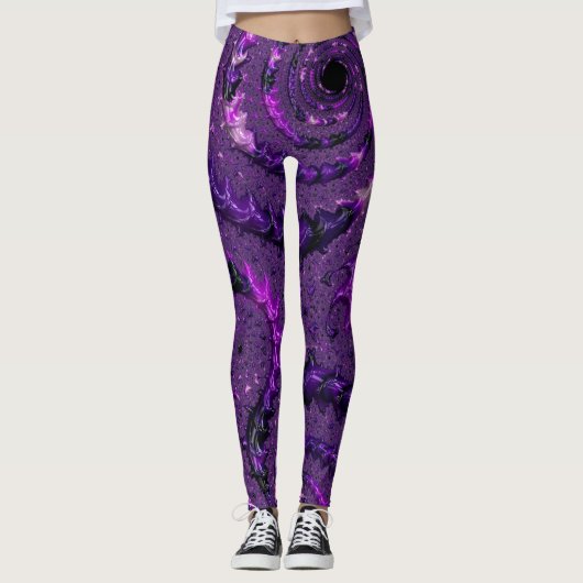 Funky Bold Boho Paarse Digitale Abstracte Fractal Leggings (Voorkant)