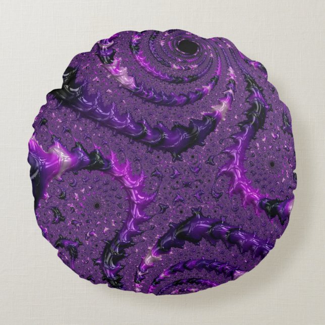 Funky Bold Boho Paarse Digitale Abstracte Fractal Rond Kussen (Voorkant)