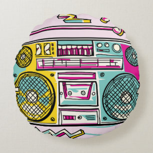 Funky Boombox Kleurrijk Getekend Ontwerp Rond Kussen