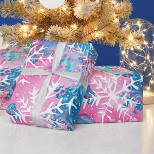 Funky Bright Christmas Pink Blue Snowflake Cadeaupapier