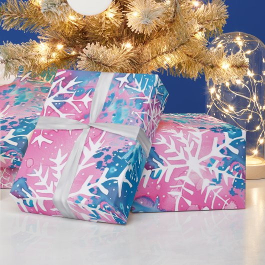 Funky Bright Christmas Pink Blue Snowflake Cadeaupapier (Feestdagen)