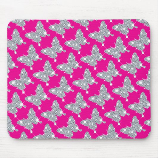 Funky Bright Pink Faux Diamond Butterfly Patterned Muismat (Voorkant)