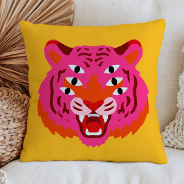 Funky Brullende Tijgerkop in Roze Maximalistische Kussen