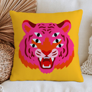Funky Brullende Tijgerkop in Roze Maximalistische  Kussen