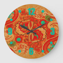 Funky Burnt Oranje Red Blauwgroen Vintage Paisley Grote Klok