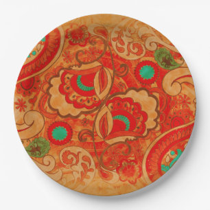 Funky Burnt Oranje Red Turquoise  Paisley Papieren Bordje