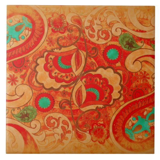 Funky Burnt Oranje Red Turquoise  Paisley Tegeltje (Voorkant)