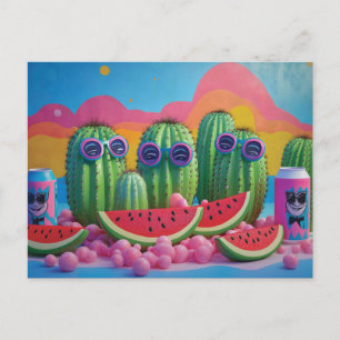 Funky Cacti met zonnebril, watermeloen en Snoep Feestdagenkaart
