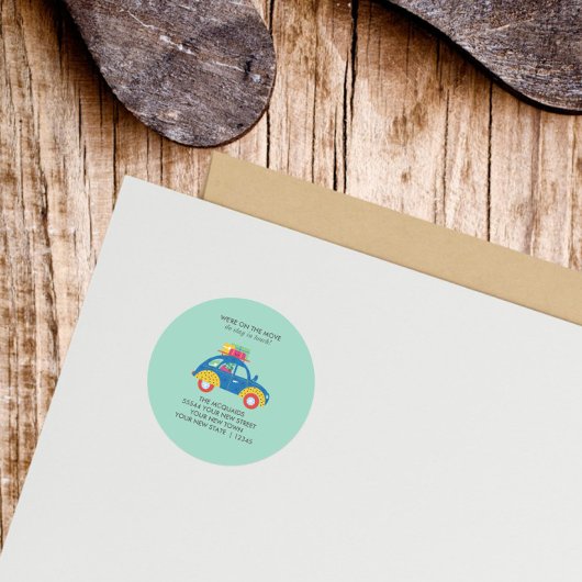 Funky Car Moving Aankondiging Ronde Sticker