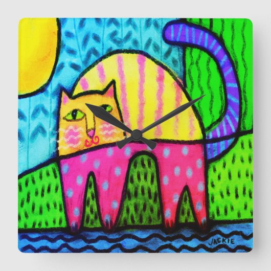 Funky Cat Abstract schilderen Grote klok (Voorkant)