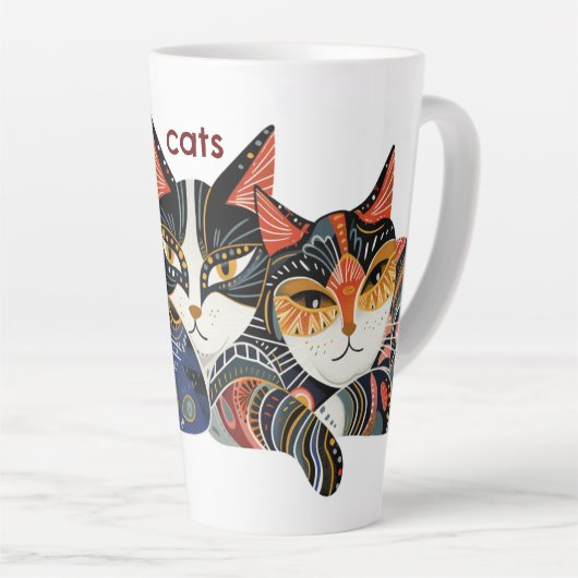 Funky Cat Folk Art Kleurrijke Abstracte Latte Mok (Rechterhoek)