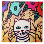 Funky Cat with Flowers Abstracte kunst Tegeltje (Voorkant)