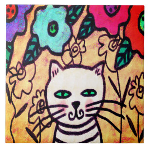 Funky Cat with Flowers Abstracte kunst Tegeltje