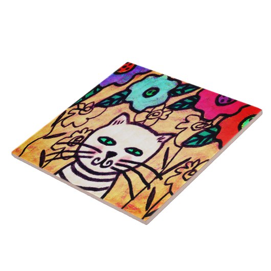 Funky Cat with Flowers Abstracte kunst Tegeltje (Zijkant)