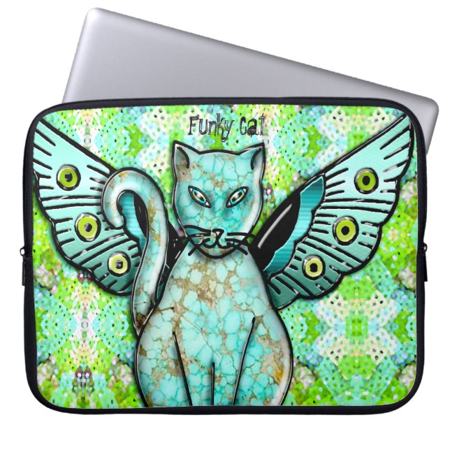 Funky Cats - Aqua - Gepersonaliseerd Laptop Sleeve (Voorkant)