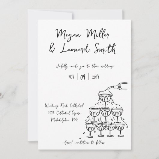 Funky champagnetoren redden de datum bruiloft kaart (Voorkant)