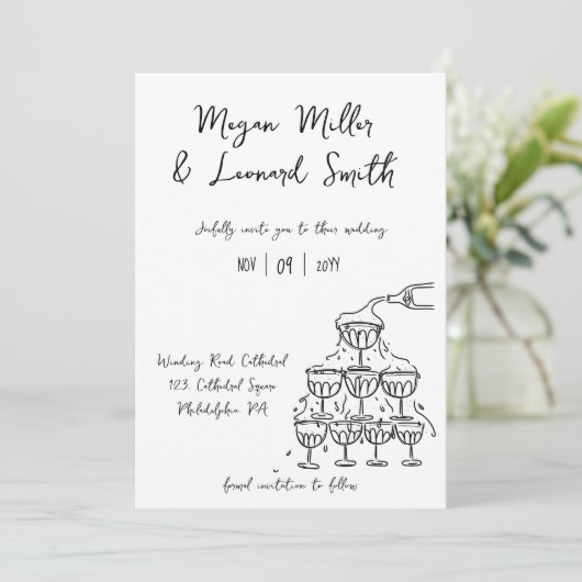 Funky champagnetoren redden de datum bruiloft kaart (Staand voorkant)