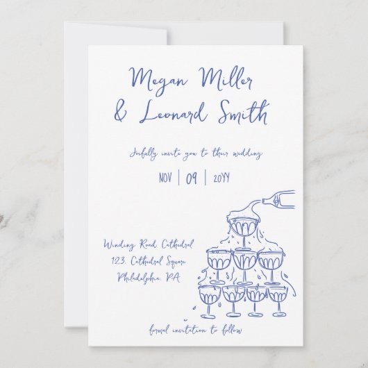 Funky champagnetoren redden de datum bruiloft kaart (Voorkant)