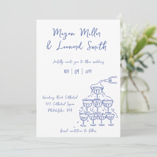 Funky champagnetoren redden de datum bruiloft kaart (Staand voorkant)