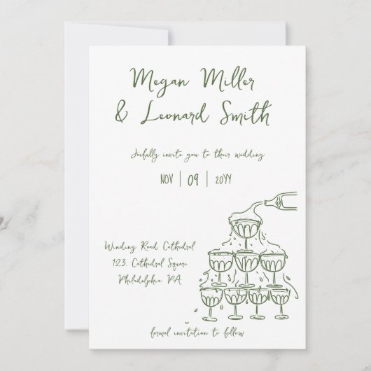 Funky champagnetoren redden de datum bruiloft kaart (Voorkant)