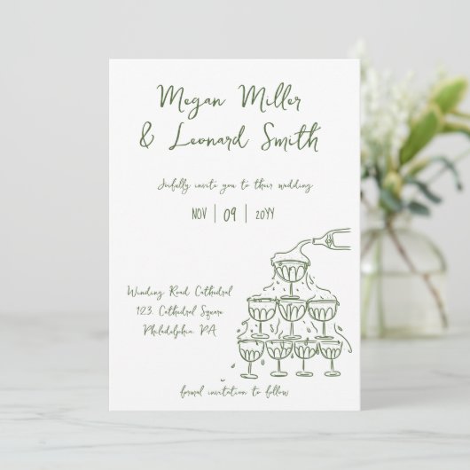 Funky champagnetoren redden de datum bruiloft kaart (Staand voorkant)