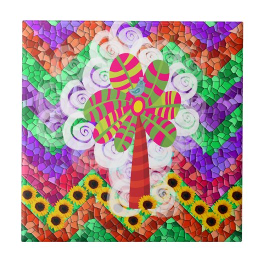 Funky Chevron Mosaic Tree Swirls Sunflower Summer Tegeltje (Voorkant)