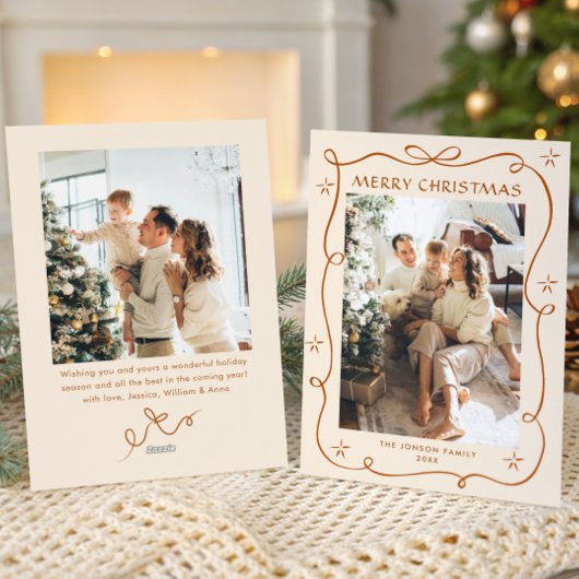 Funky Christmas Boho Beige Bow Ribbon 2 Photo Feestdagenkaart