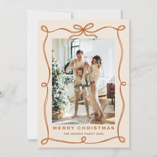 Funky Christmas Boho Beige Bow Ribbon 2 Photo Feestdagenkaart (Voorkant)