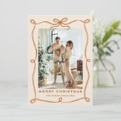 Funky Christmas Boho Beige Bow Ribbon 5 Photo Feestdagenkaart (Staand voorkant)