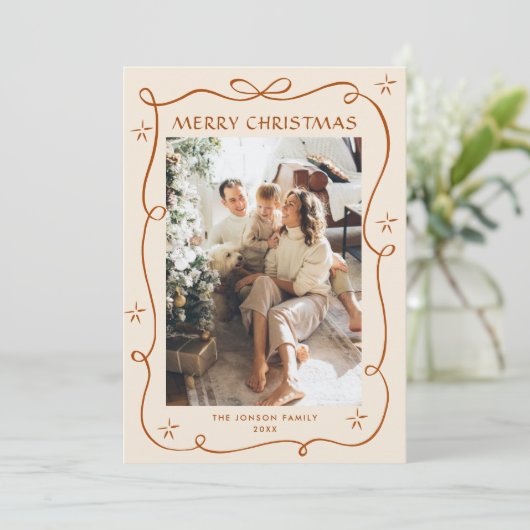 Funky Christmas Boho Beige Bow Ribbon 5 Photo Feestdagenkaart (Staand voorkant)
