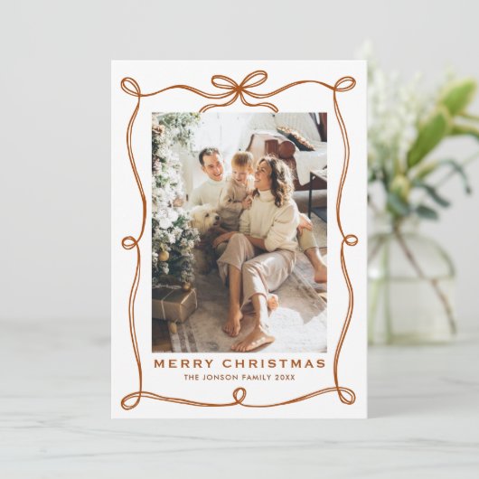 Funky Christmas Boho Beige Bow Ribbon 5 Photo Feestdagenkaart (Staand voorkant)