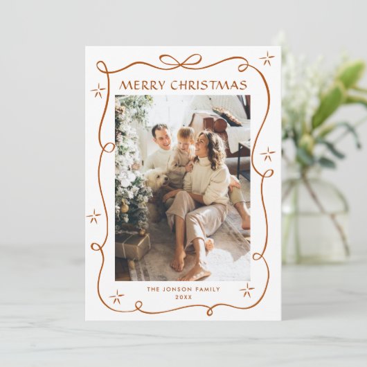 Funky Christmas Boho Beige Bow Ribbon 5 Photo Feestdagenkaart (Staand voorkant)