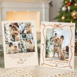 Funky Christmas Boho Beige Bow Ribbon 5 Photo Feestdagenkaart