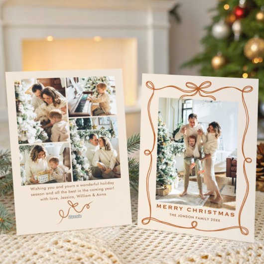 Funky Christmas Boho Beige Bow Ribbon 5 Photo Feestdagenkaart