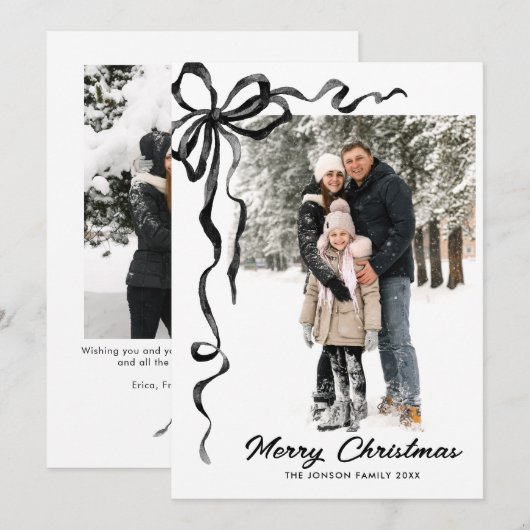 Funky Christmas Boho Black Bow Ribbon 2 Photo Feestdagenkaart (Voorkant / Achterkant)