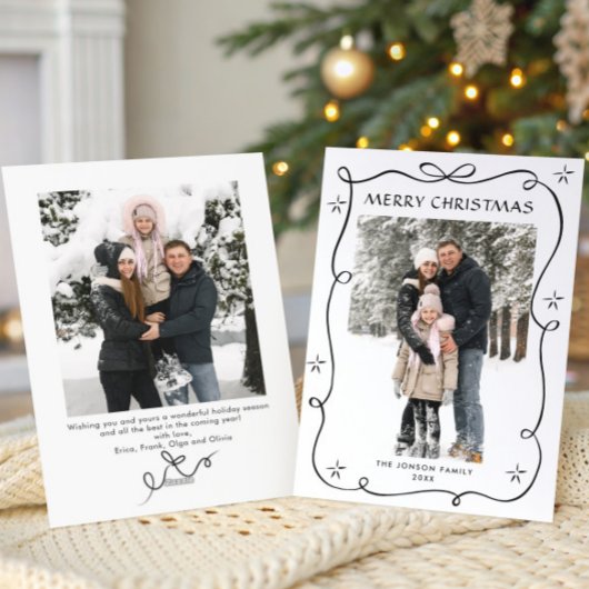 Funky Christmas Boho Black Bow Ribbon 2 Photo Feestdagenkaart