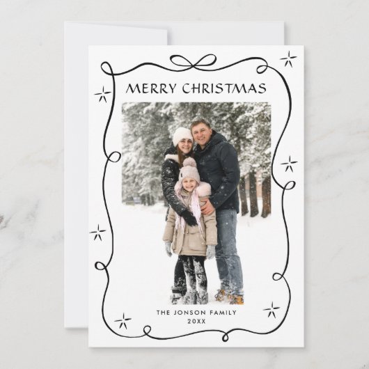 Funky Christmas Boho Black Bow Ribbon 3 Photo Feestdagenkaart (Voorkant)