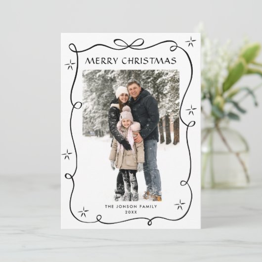 Funky Christmas Boho Black Bow Ribbon 3 Photo Feestdagenkaart (Staand voorkant)