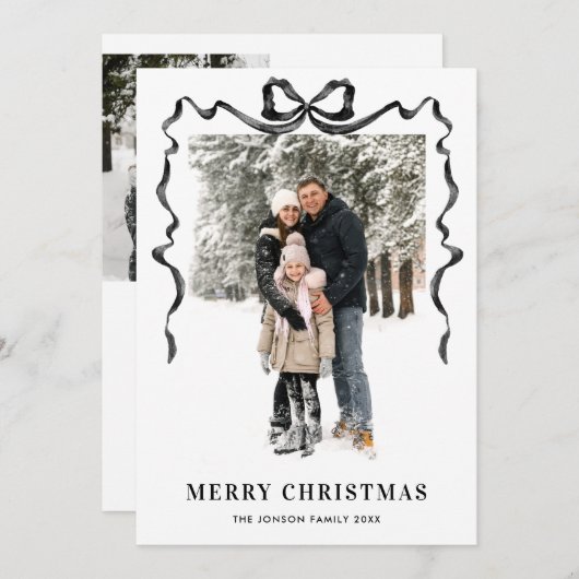 Funky Christmas Boho Black Bow Ribbon 3 Photo Feestdagenkaart (Voorkant / Achterkant)