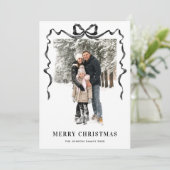Funky Christmas Boho Black Bow Ribbon 3 Photo Feestdagenkaart (Staand voorkant)
